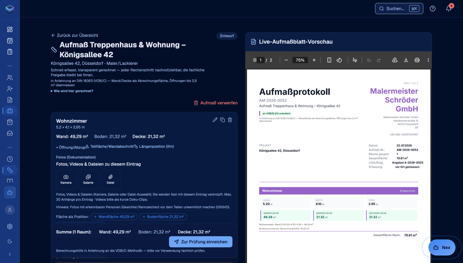 Digitales Aufmaß in NexDeck: Raum mit automatisch berechneter Wand-, Boden- und Deckenfläche und Live-Aufmaßblatt-Vorschau.